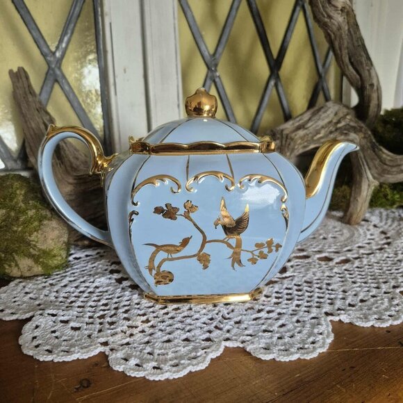 SADLER 30s Vintage Blue Cube Teapot with 24KT Gold Birds - Picture 5 of 15